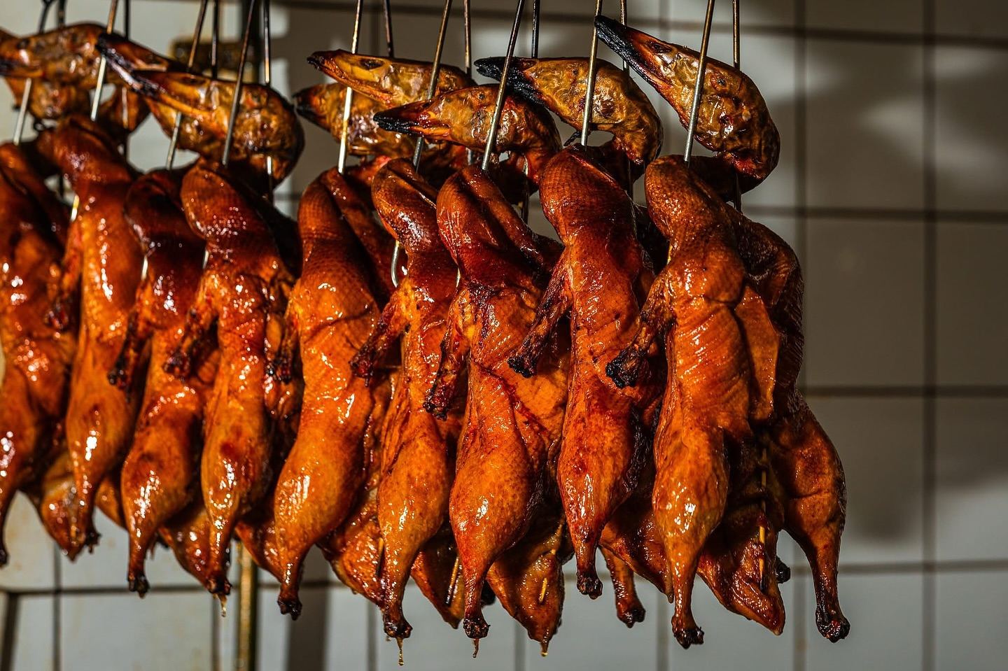 A row of glossy roast ducks hanging in Ruby's kitchen