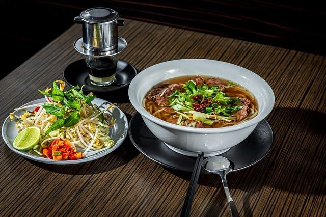 Bún bò Huế with Vietnamese drip coffee